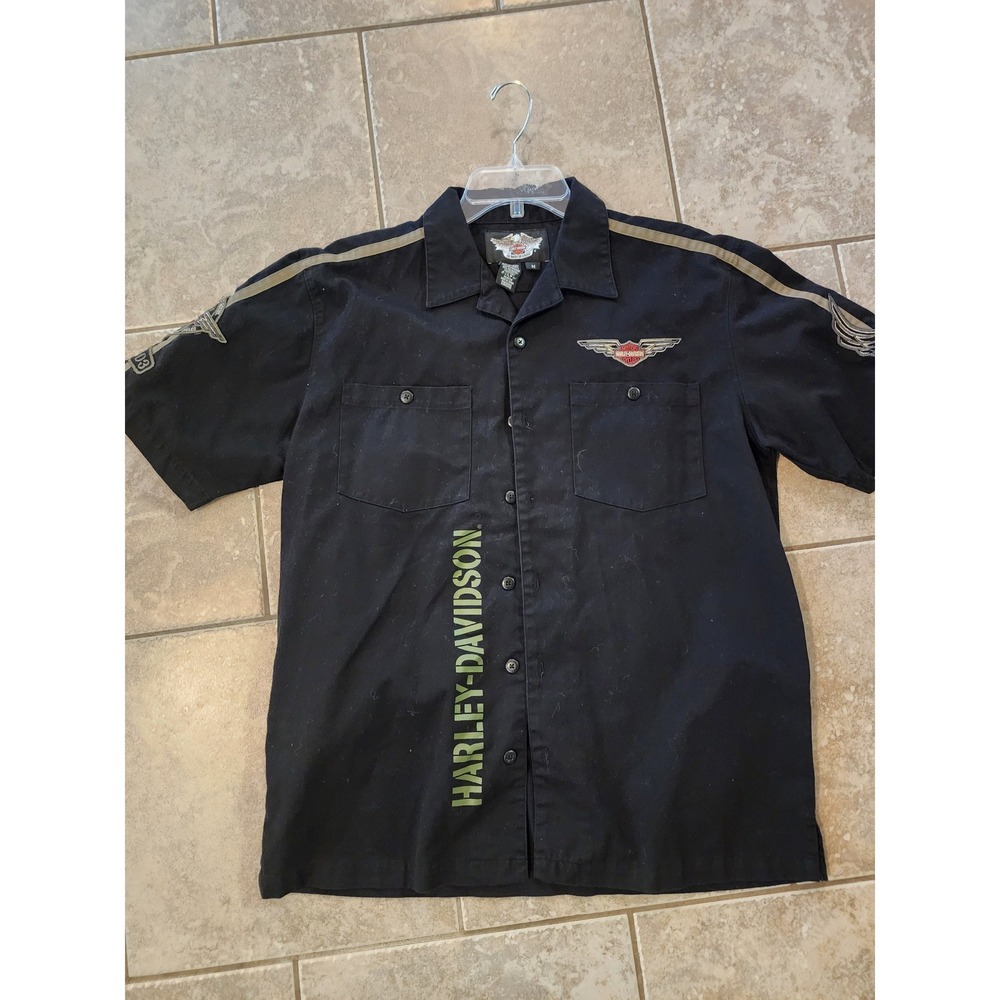 Harley-Davidson Mens Black Short Sleeve Button Up Work Shirt Embroidered Size M